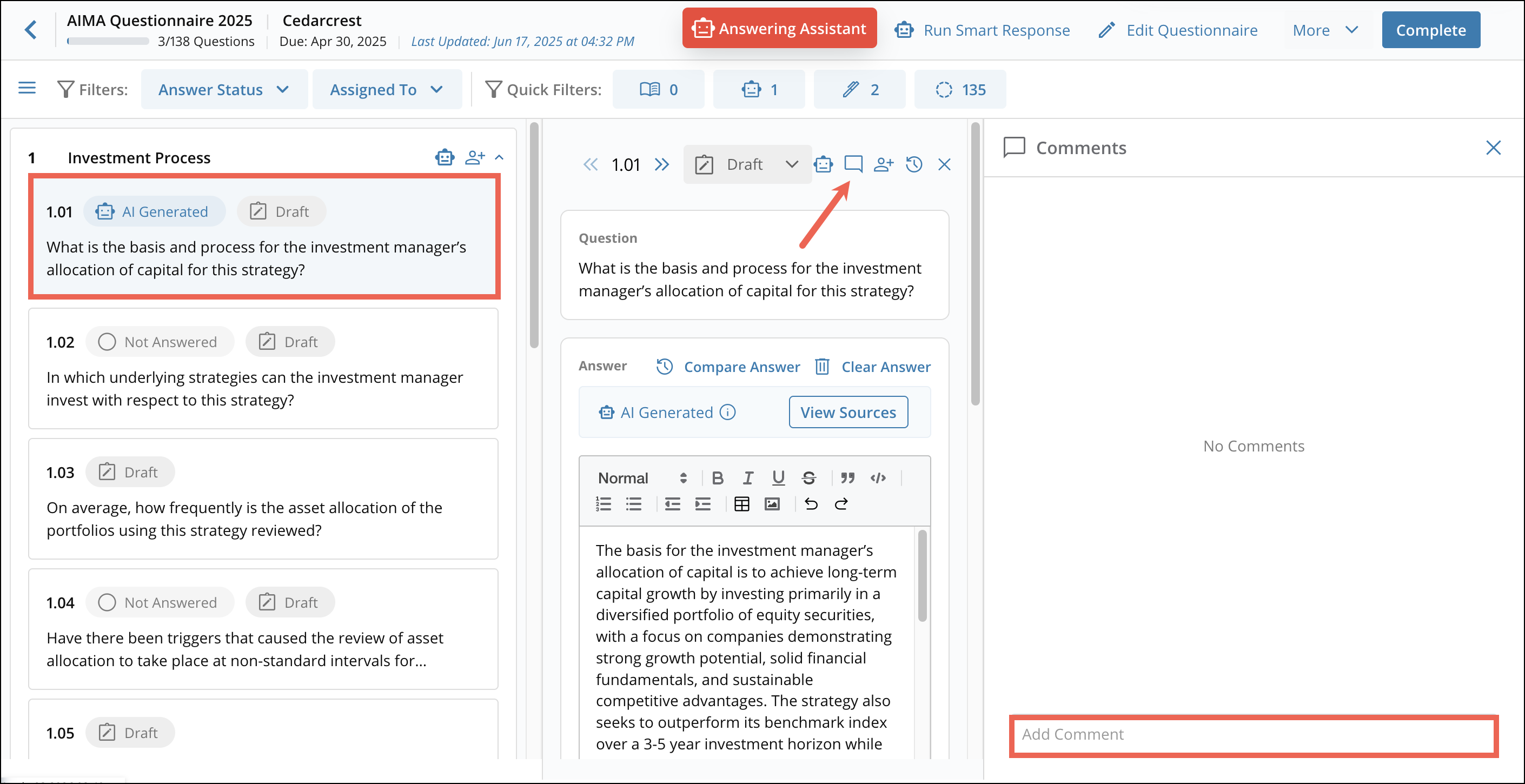 Answering Questionnaires: Options and Filters 10[R360]