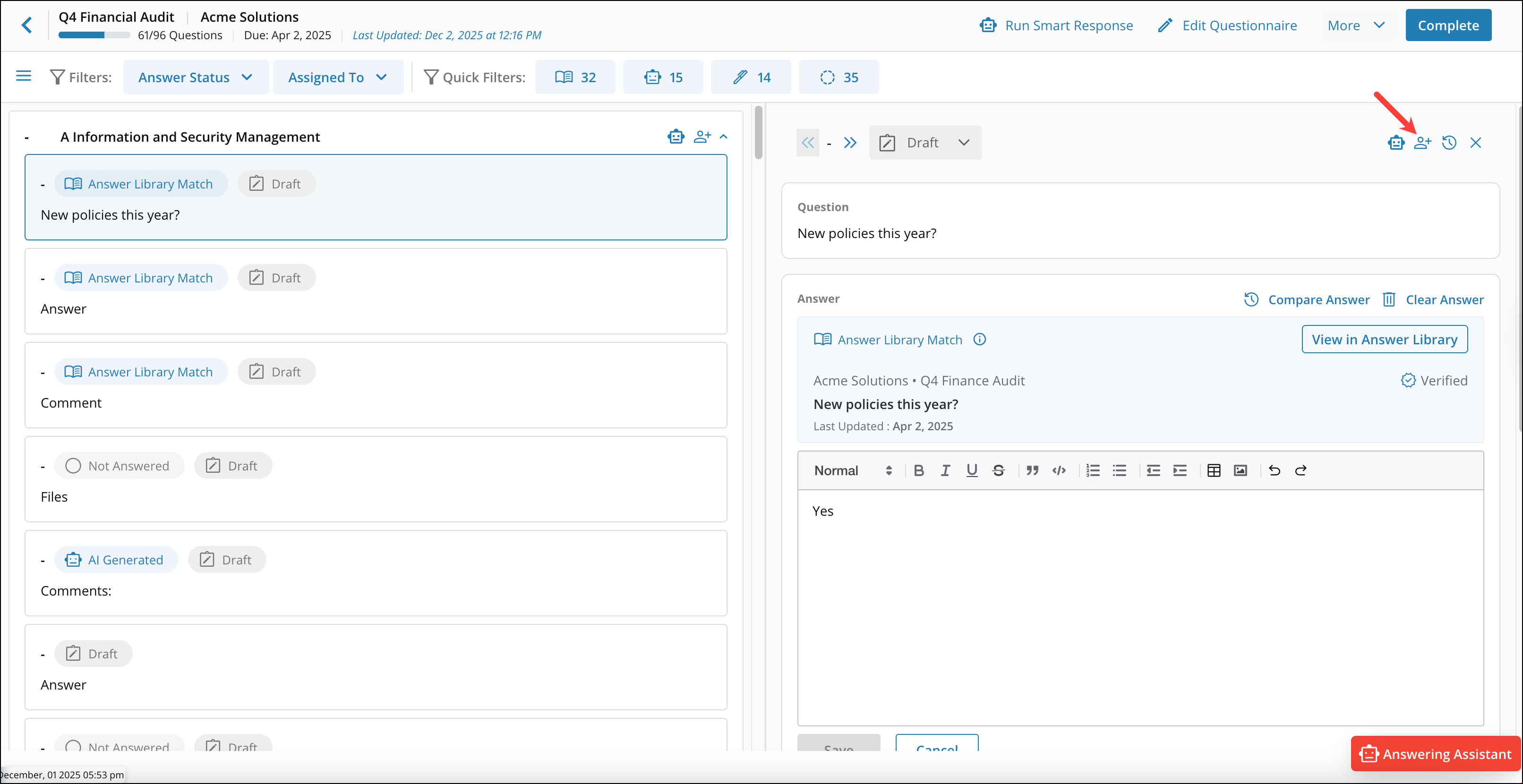 Assigning Questions in External RFPs & DDQs 4[R360]